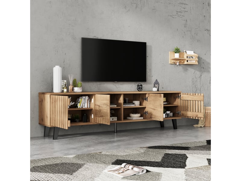  Ensemble meuble tv et buffet bois naturel 180 cm pour écran 70 pouces avec portes ajourées  - Conforama E