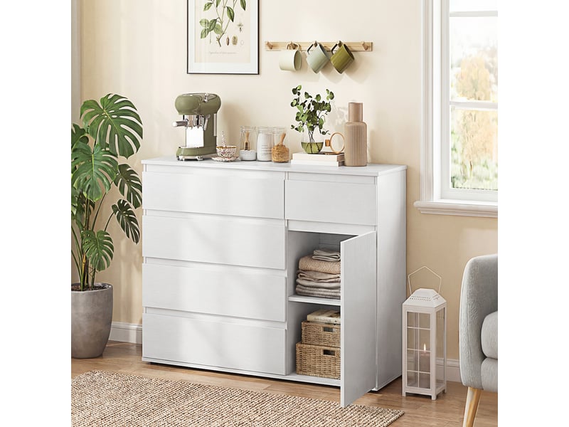  Buffet salon, meuble de rangement avec 5 tiroirs, étagère réglable et porte à fermeture douce, 100 x 40 x 80 cm, blanc  - Conforama C