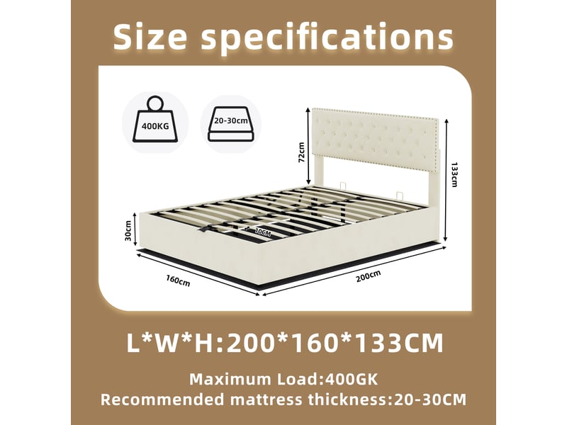 Lit 160x200 cm en tissu et métal avec rangement beige chicfurn - Conforama C