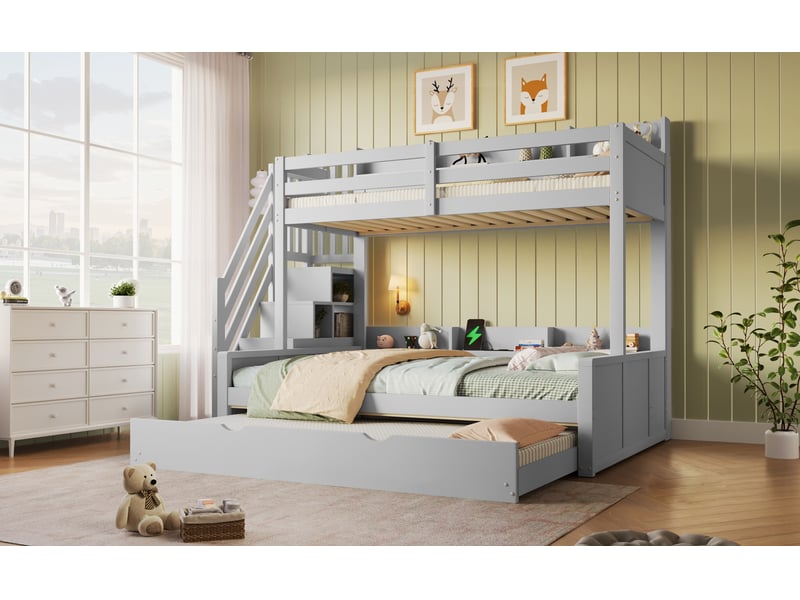 Lit superposé 90x200 cm et 140x200 cm,lit gigogne 90x190 cm, escalier avec rangement, étagères et usb bois, gris - Conforama B