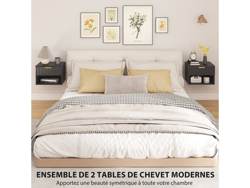  Lot de 2 tables de chevet suspendues 40 x 34 x 29 cm tiroir à fermeture douce design flottant moderne épuré en mdf noir 21_0003761  - Conforama C