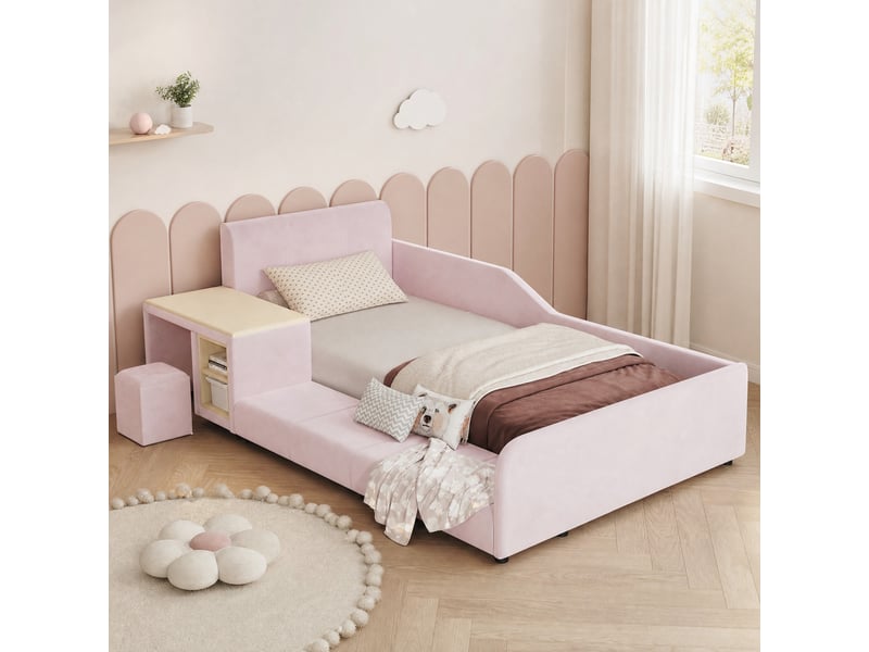  Lit enfant combiné modenvie avec bureau, tabouret et étagère, 90 x 200 cm, velours rose  - Conforama B