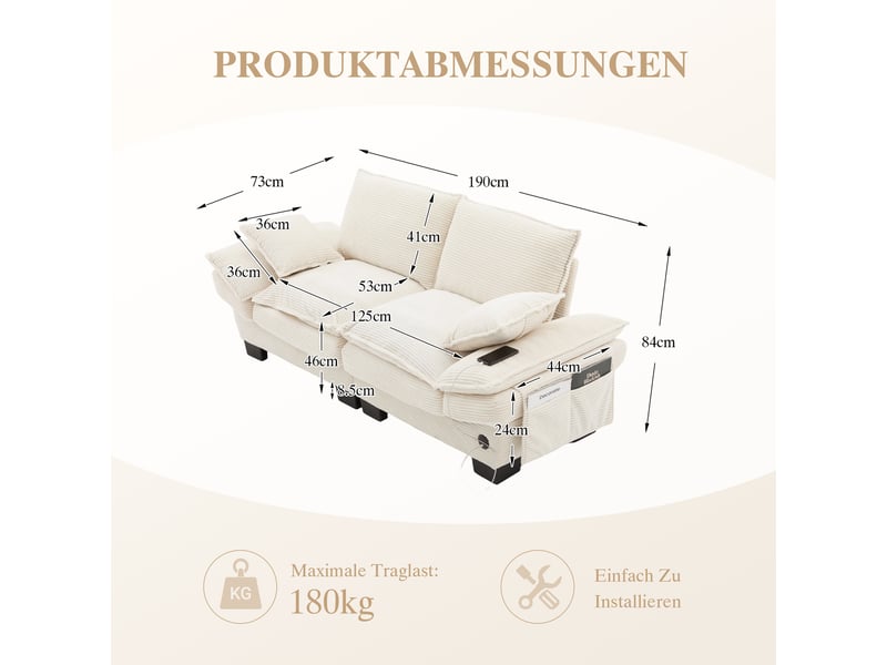  Canapé droit fixe 2 places tissu beige  - Conforama C