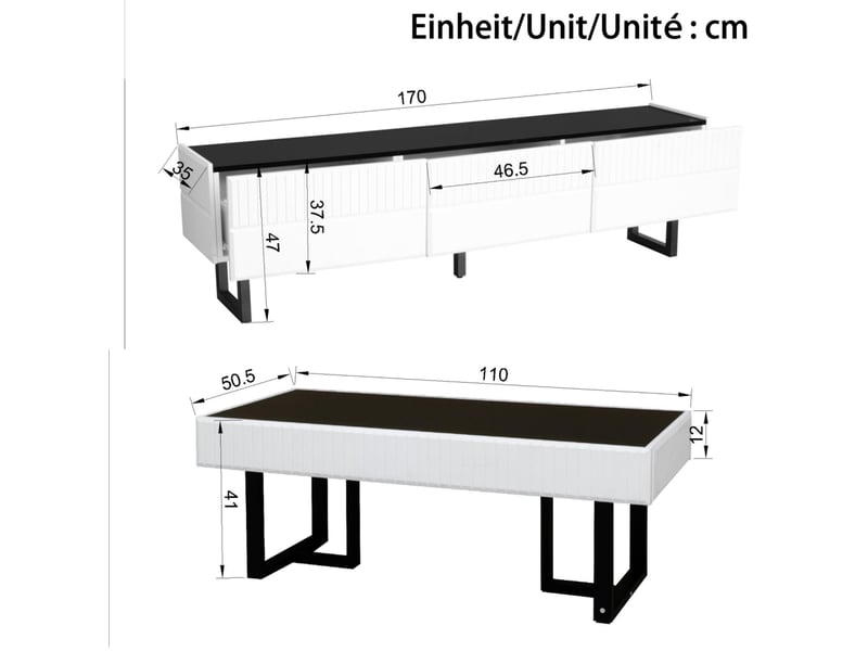  Ensemble meuble tv 170x35x47 cm et table basse 110x50,5x41 cm, tiroirs, dessus brillant, mdf, noir et blanc  - Conforama C