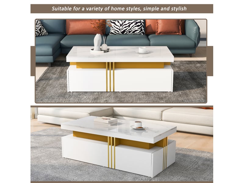  Table basse moderne avec 2 tiroirs et plateau brillant effet marbre pour salon, 100 × 50 × 40 cm  - Conforama E