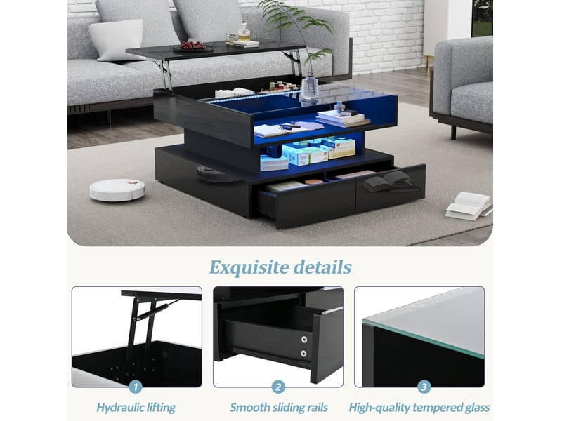  Table basse carrée relevable 80x45 cm, rangement, table d'appoint, led et 2 tiroirs, hauteur réglable, aggloméré, noir  - Conforama E