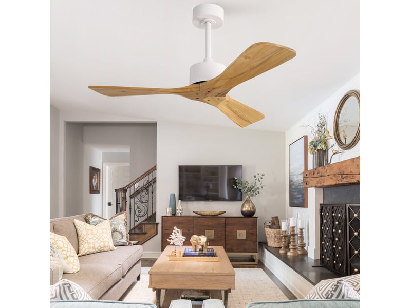 Ventilateur de plafond 104 cm sans éclairage, 3 pales en bois blanc et naturel - Conforama D