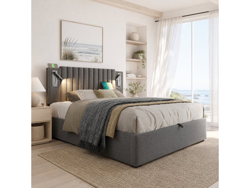  Lit coffre 180 x 200 cm gris avec éclairage de lecture et ports usbtype-c  - Conforama D