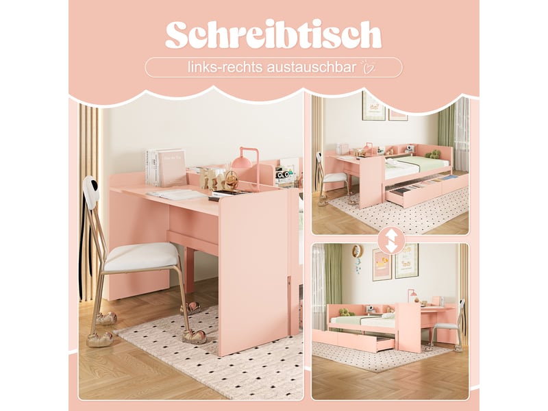  Lit simple 90x200 rose en bois avec bureau intégré et 2 tiroirs, sommier inclus  - Conforama D