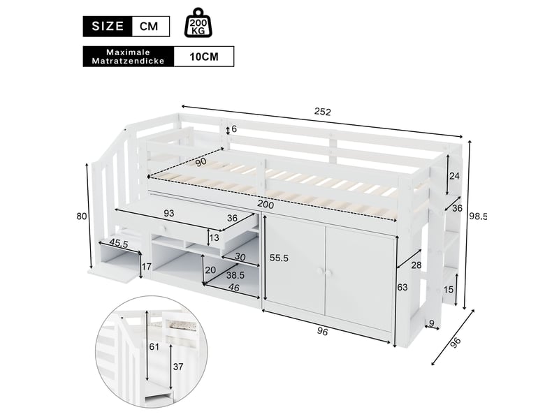  Modenvie lit enfant combiné 90x200 cm - avec rangement, escalier réversible, sommier inclus, sans matelas - blanc  - Conforama C