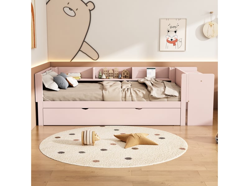  Lit enfant 90x200 rose en pin massif avec lit gigogne d'appoint et bureau intégré  - Conforama B