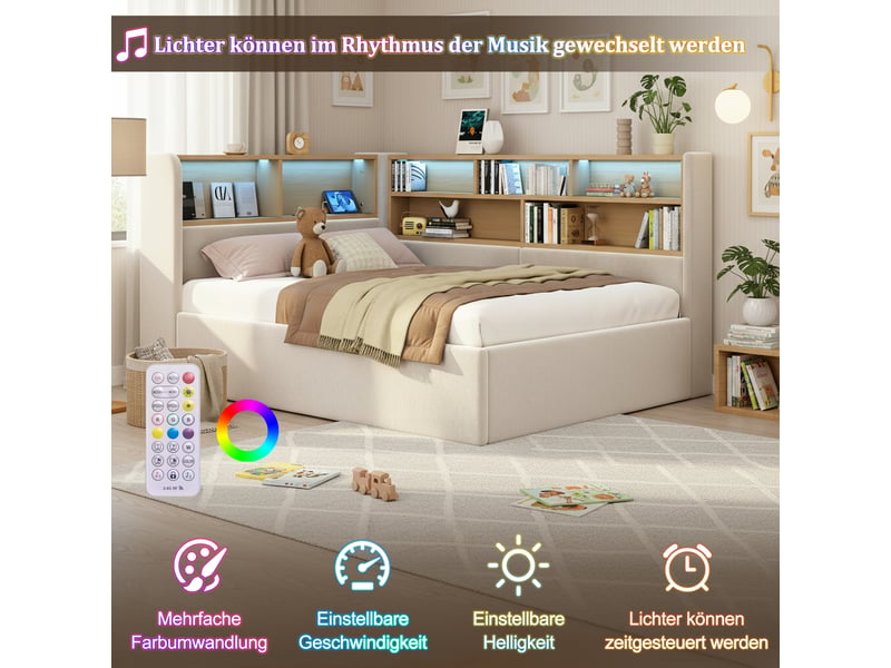  Canape lit 90x200 cm avec rangement hydraulique, lit rembourré, lit de jour avec led, usb et dossier, structure de lit, beige  - Conforama R