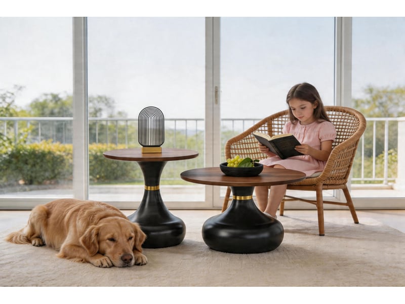  Lot de 2 tables basses gigognes rondes en noyer et métal noir et design sablier solide  - Conforama C
