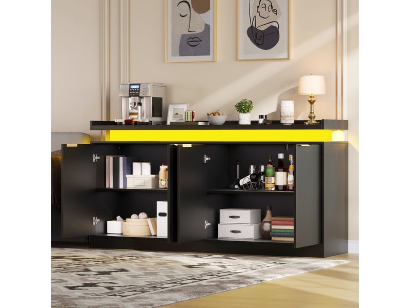 Buffet noir avec led 160 cm salle à manger, meuble de rangement 4 portes en mdf, commode moderne - Conforama R