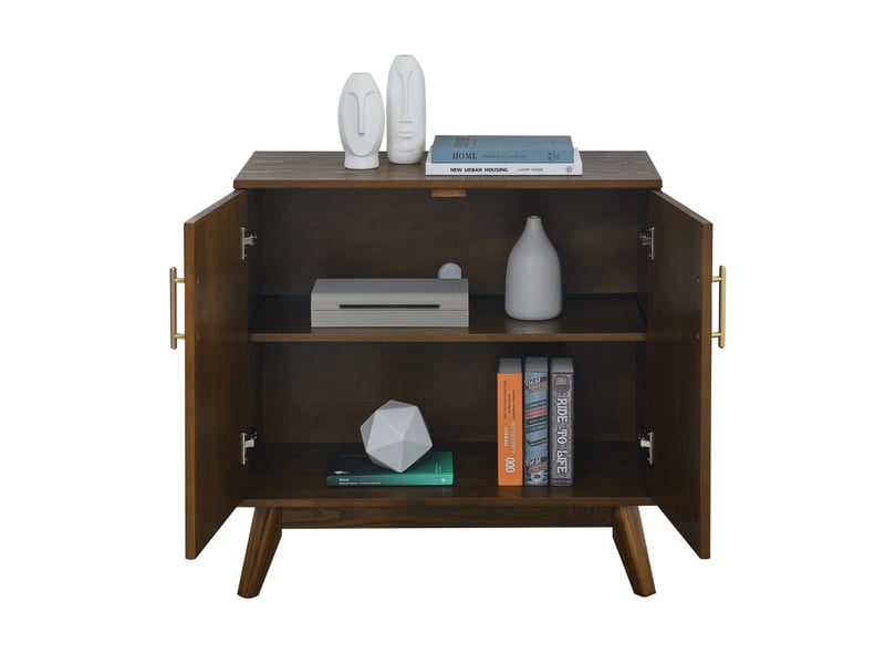  Buffet bas à 2 portes rainurées avec étagère réglable et ouverture arrière pour prise murale en bois et mdf noyer  - Conforama A