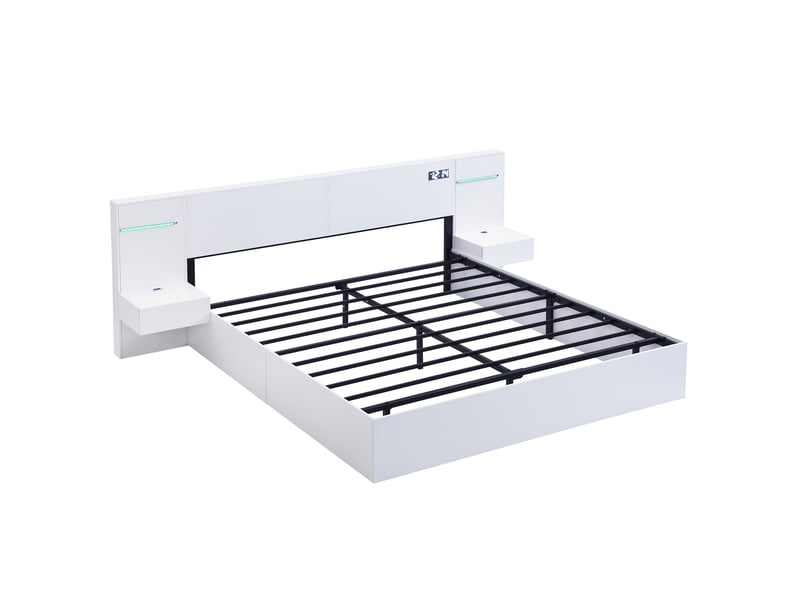  Lit 2 places 180x200 cm – blanc – usb, bluetooth, horloge et éclairage coloré, 2 chevets – sans matelas  - Conforama D