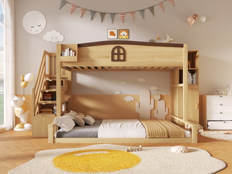  Lit superposé 90x200 et 140x200 cm avec escalier de rangement, armoire et fenêtre décorative, bois naturel  - Conforama B