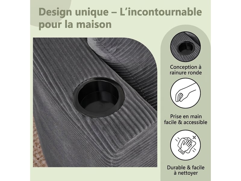  Canapé 3 places méridienne gauche gris velours côtelé avec porte-gobelet  - Conforama R