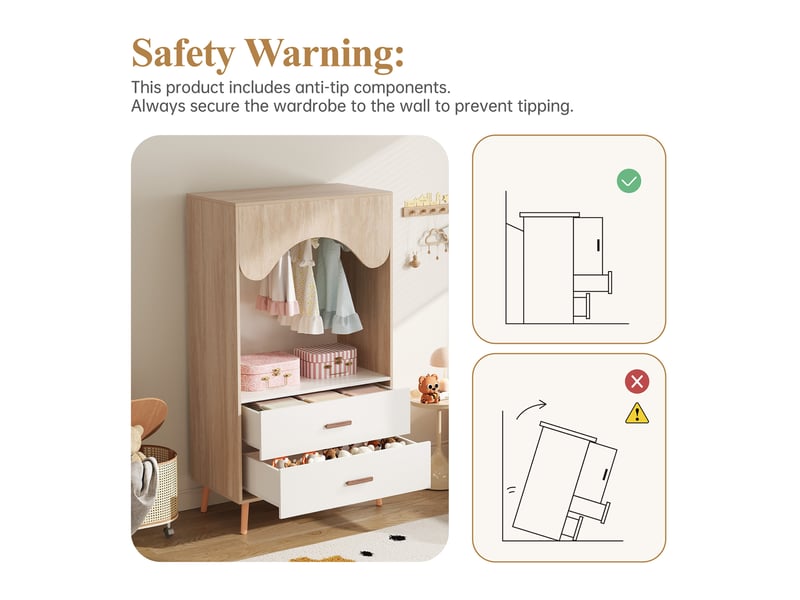  Armoire enfant ouverte 80 x 46 x 141,5 cm – blanc et bois naturel – tringle et tiroirs  - Conforama E