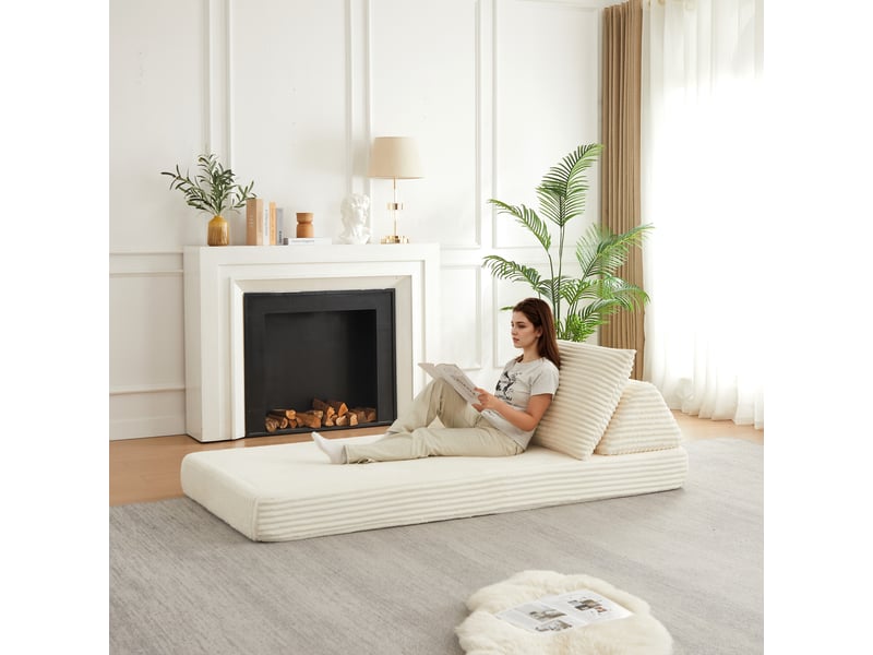  Canapé modulable convertible 211 cm en velours côtelé, dossier triangulaire, accoudoirs amovibles, assise longue multifonction - beige  - Conforama D