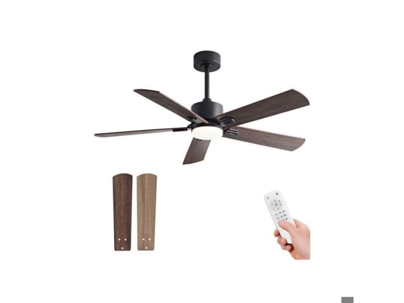  Plafonnier ventilateur 106 cm, avec lumière led, télécommande, silencieux, moteur dc, 6 vitesses, noir et noyer  - Conforama A