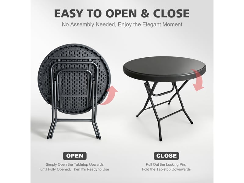 Table pliante ronde en hdpe avec piètement métallique repliable, montage sans outil, 80 cm, capacité 136 kg - Conforama E