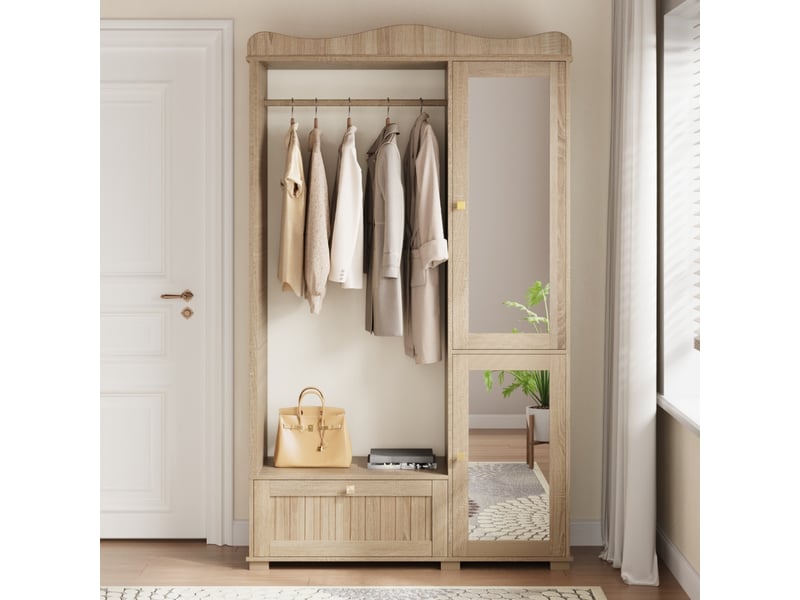 Armoire penderie 115,5x38,5x194,5 cm – bois clair – miroir intégré, rangement ouvert et tiroirs - Conforama D
