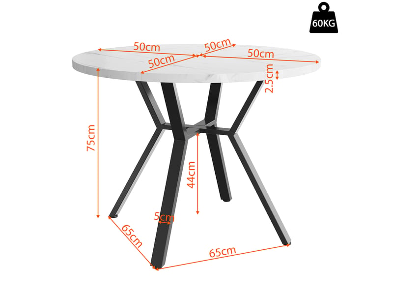 Table ronde 100×100×75cm avec pieds en métal, style moderne et sobre, motif marbre (non en marbre), mdf, noir et blanc - Conforama D