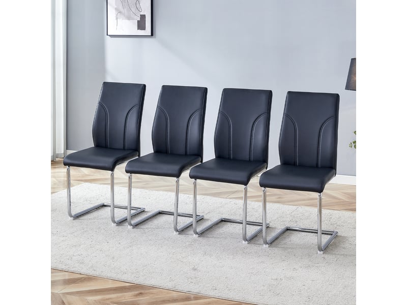  Lot de 2 chaises 40,6x40x95 cm salle à manger design moderne confortable revêtement pu noir, pieds en métal argenté  - Conforama E