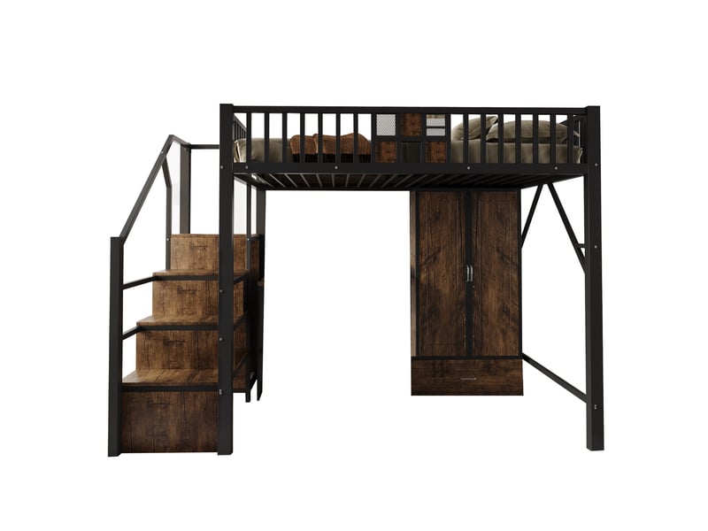  Lit mezzanine 140x200 cm avec armoire et rangements, coloris noir  - Conforama E