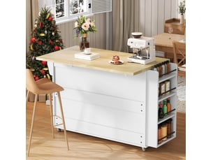 Desserte de cuisine avec plateau rabattable, 2 portes vitrées et 2 tiroirs, 5 roulettes, 138 × 70 × 90 cm