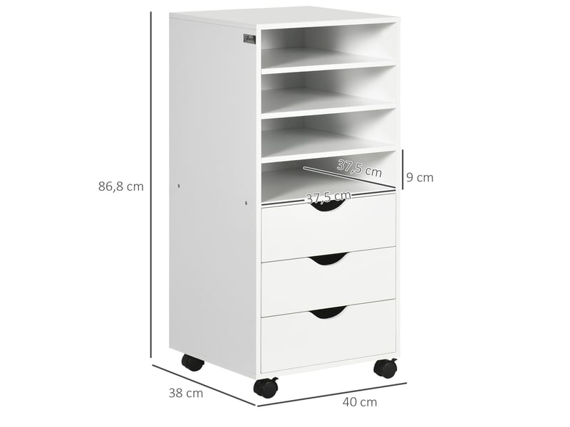  Caisson de bureau à 3 tiroirs et 4 étagères ouvertes, monté sur roulettes, 38 x 40 x 86,8 cm, blanc  - Conforama D