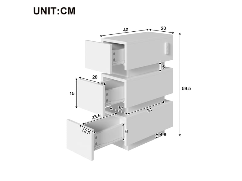  Lot de 2 tables de nuit 40x20x59,5 cm blanches en panneaux de particules, 3 tiroirs avec led et charge usb  - Conforama C