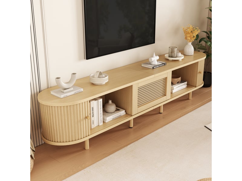  Meuble tv bas 180x40x40 cm en mdf, design arrondi avec porte coulissante rainurée et cannage rotin, tiroir, rangement salon tv 75 pouces - bois naturel  - Conforama E