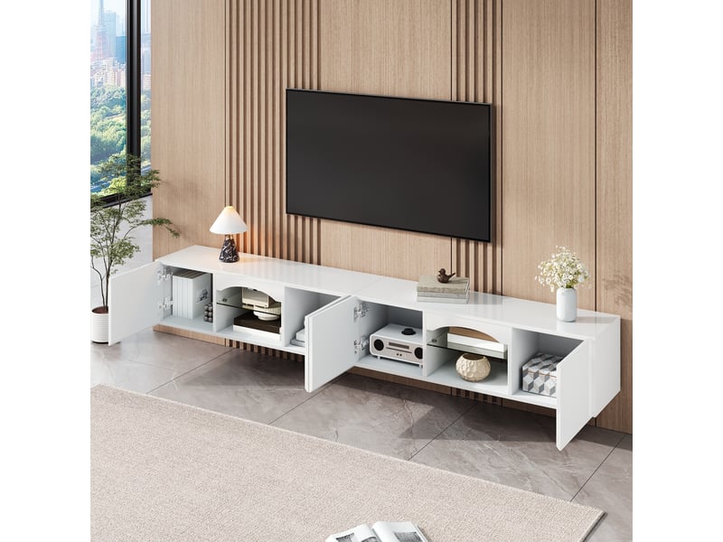  Meuble tv avec 4 portes, 2 casiers ouverts, éclairage led contrôlé par application, étagères en verre, meuble tv moderne en panneau de particules  - Conforama D