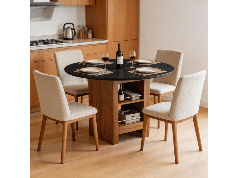  Table à manger ronde ø100 cm avec étagère de rangement, plateau mdf effet noyer, structure en métal noir, design moderne pour salle à manger  - Conforama B