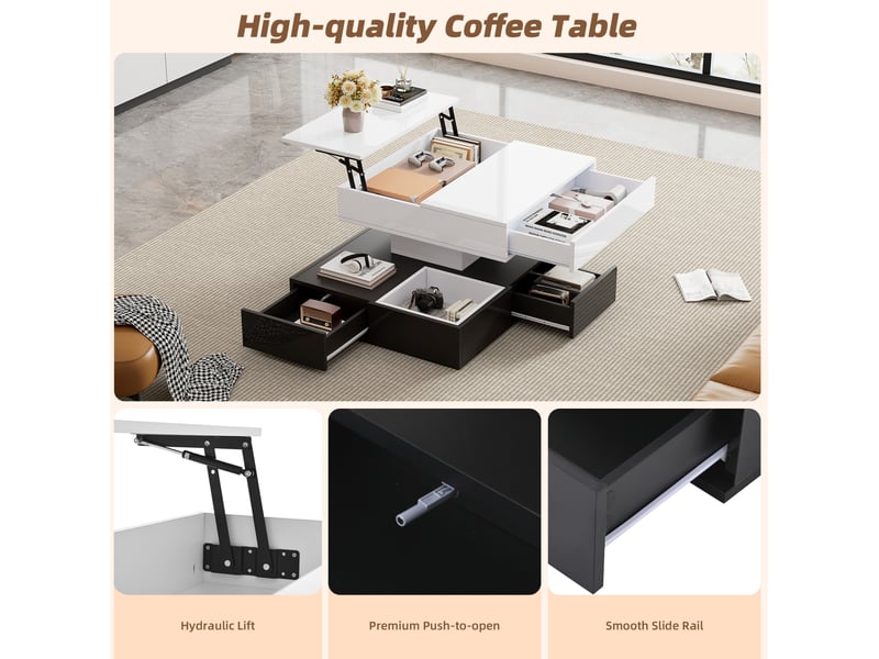  Table basse 70x70x40-55 cm relevable avec plateau rotatif 360°, 3 tiroirs, salon, panneau de particules, blanc et noir  - Conforama D