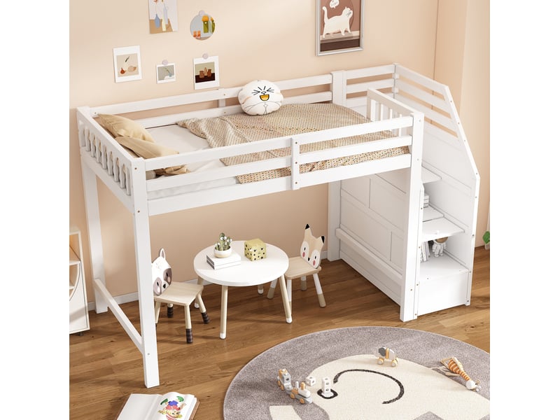  Lit mezzanine 90x200 cm avec garde-corps, escalier de rangement, bois, blanc sans matelas  - Conforama E