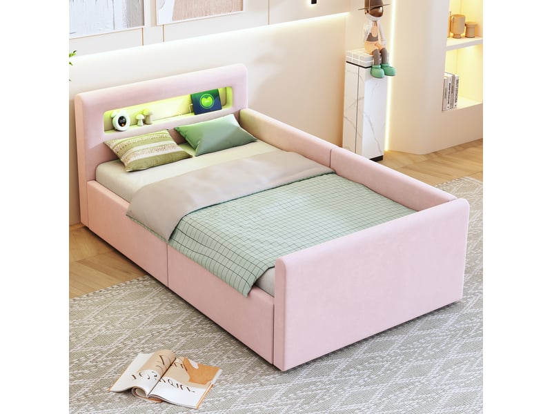  Lit enfant coffre 90 x 200 cm avec led, veilleuse, usb et rangement hydraulique, velours rose Fay Lum - Conforama E