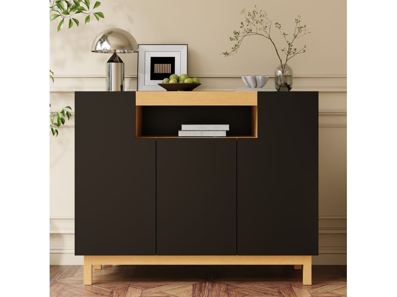 Buffet 120.5x42x96 cm à 3 portes avec niche ouverte en panneaux de particules noir - Conforama D