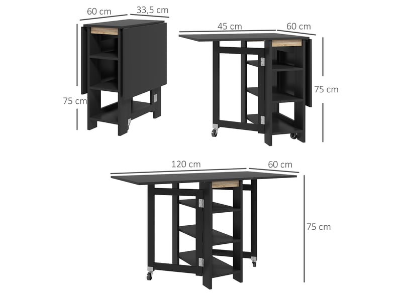 Table de cuisine table de salle à manger pliable amovible 3 étagères 2 abattants design moderne noir 120 x 60 x 75 cm - Conforama C