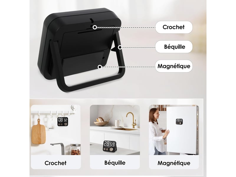  Minuteur de cuisine aimanté, grand écran lcd avec horloge numérique alarme forte, multifonctionnel pour pâtisseriesport noir No Commercial reference - Conforama C