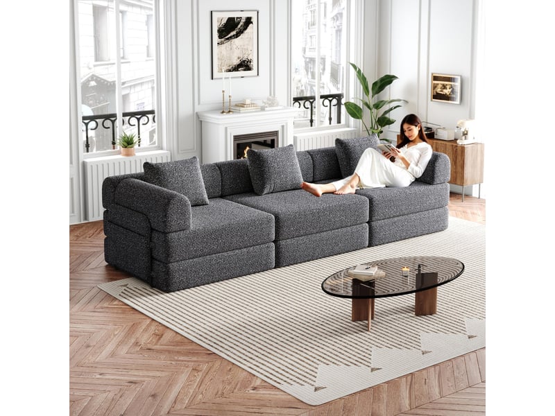  Canapé convertible 3 places - 274x91x70cm - chauffeuse lit chenille, poches rangement, cadre acier - gris foncé  - Conforama D