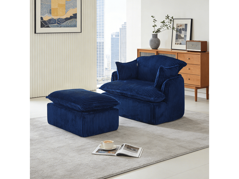 Fauteuil avec pouf compressé sans montage - mousse haute densité, flanelle bleu, 115 × 89 × 77 cm - Conforama B