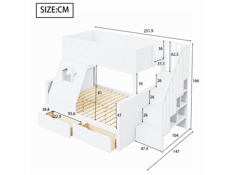  Lit superposé familial en bois 90x200 et 140x200 cm lit enfant avec escalier à rangements,2 tiroirs,fenêtre,garde-corps,pin massif et mdf,blanc  - Conforama C