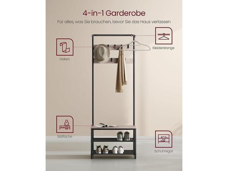 Meuble d’entrée 32,2 x 64 x 180 cm porte-manteaux avec banc et étagère à chaussures 9 crochets amovibles tringle pour entrée chambre style industriel gris 12_0006392  - Conforama E