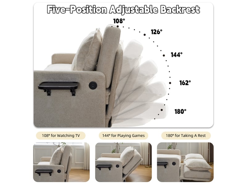  Canapé convertible 3-en-1 à dossier réglable avec rangements  - ports usb-c, chenille - beige  - Conforama E