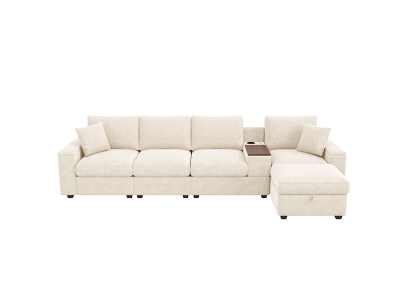  Canapé d'angle modulable 5 places en chenille beige, avec pouf de rangement, table pivotante et ports usb, idéal pour grand salon.  - Conforama A