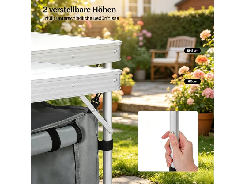  Table de jardin pliante avec sac de rangement suspendu et pieds réglables pour camping, en aluminium et mdf, gris et blanc  - Conforama E