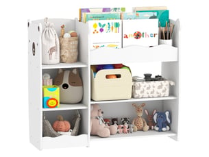 Étagère à jouets pour enfants avec étagères ouvertes et compartiments, motif ours en peluche, rangement de jouets blanc